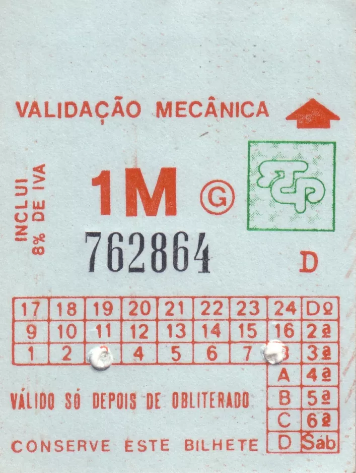 Einzelfahrschein für Sociedade de Transportes Colectivos do Porto (STCP) (1988)
