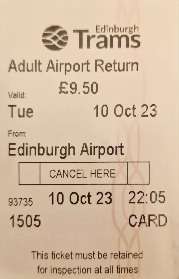 Erwachsene Hin/Rückfahrkarte für Edinburgh Trams (2023)