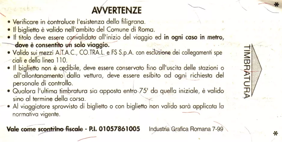 Erwachsenkarte für Bus-, Bahn- und Straßenbahn-Verkehrsbetrieb der Stadt Rom (ATAC), die Rückseite (1999)