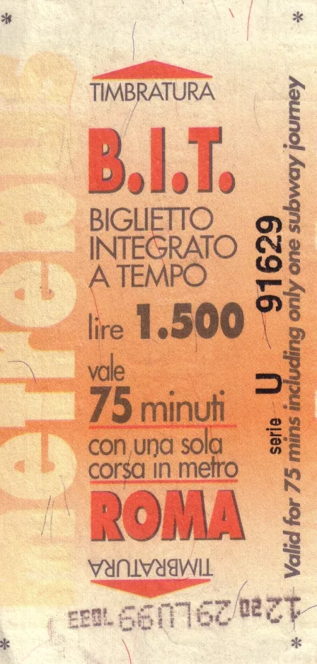 Erwachsenkarte für Bus-, Bahn- und Straßenbahn-Verkehrsbetrieb der Stadt Rom (ATAC), die Vorderseite (1999)