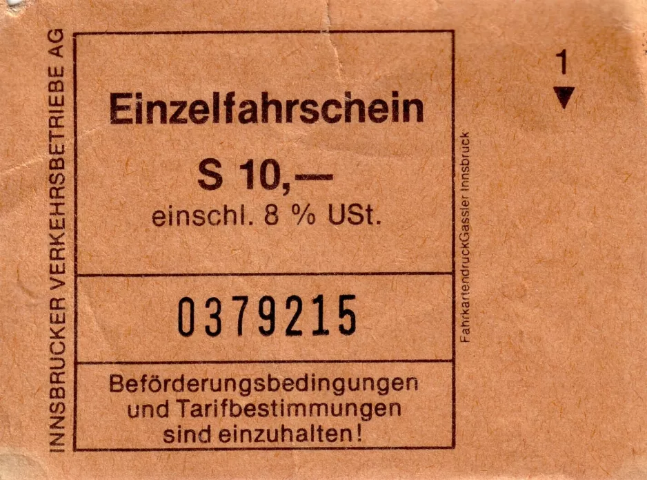 Erwachsenkarte für Innsbrucker Verkehrsbetriebe (IVB) (1982)