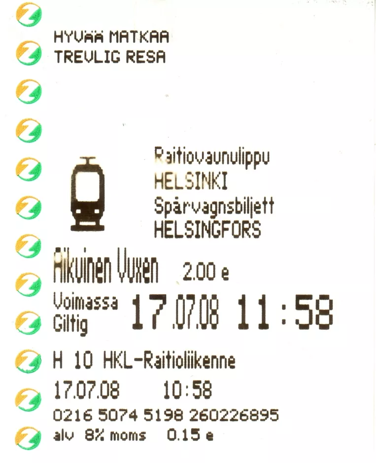 Erwachsenkarte für Kaupunkiliikenne / Stadstrafik, die Vorderseite (2008)