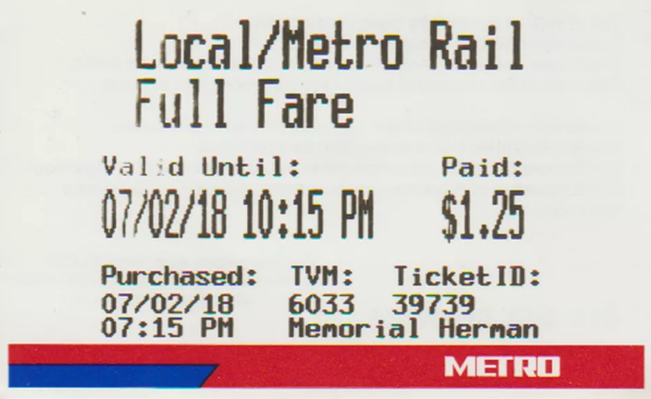 Erwachsenkarte für Metropolitan Transit Authority of Harris County (METROrail) (2018)