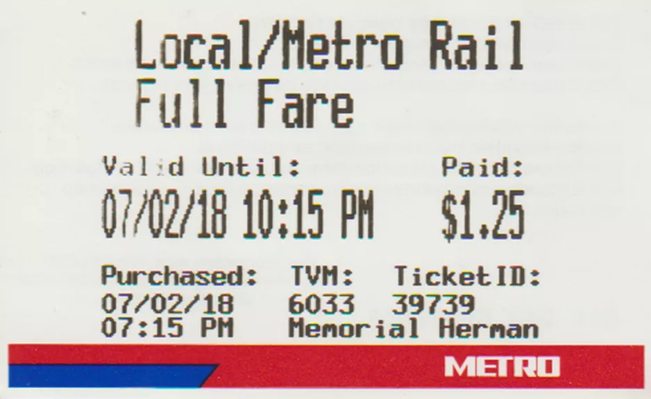 Erwachsenkarte für Metropolitan Transit Authority of Harris County (METROrail), die Vorderseite Lokal/Metro Rail (2018)
