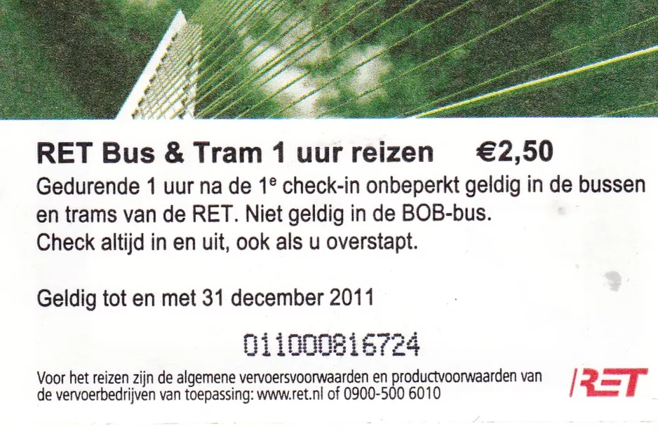 Erwachsenkarte für Rotterdamse Elektrische Tram (RET), die Rückseite (2010)