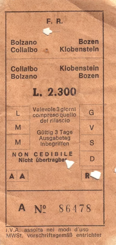 Erwachsenkarte für Südtiroler Autobus Dienst (SAD) (1982)