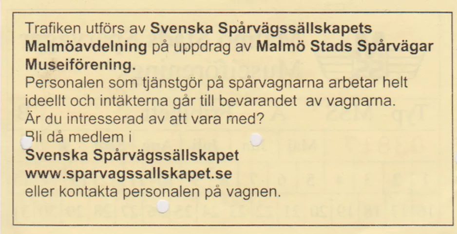 Freikarte für Museumstram Malmö (MSS), die Rückseite (2022)
