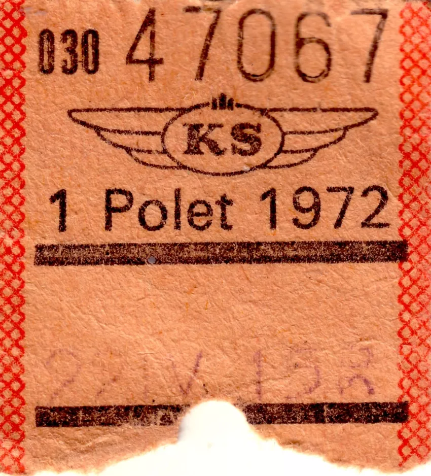 Geradeaus-Fahrkarte für Københavns Sporveje (KS)  1 Polet 1972 (1972)