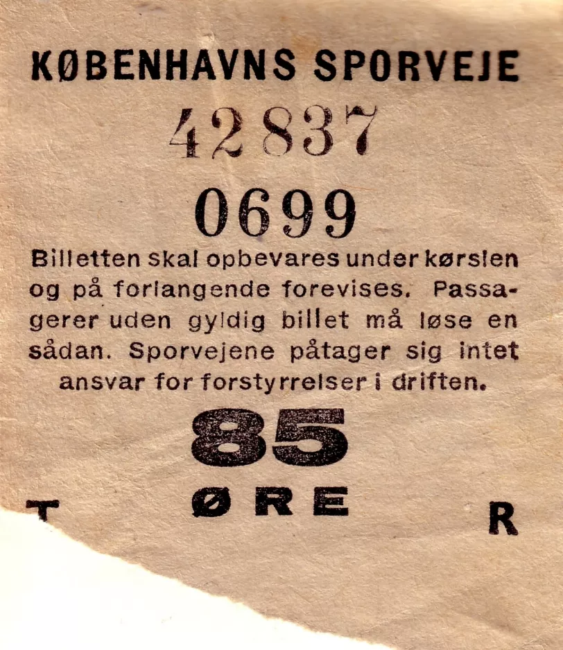 Geradeaus-Fahrkarte für Københavns Sporveje (KS), die Vorderseite 85 ØRE (1964)