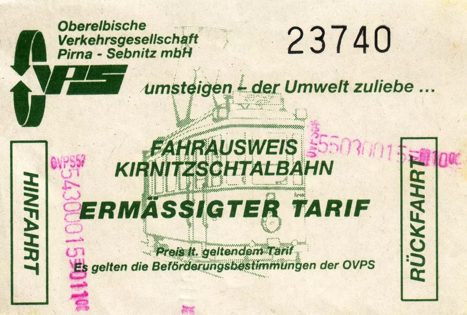 Hin/Rückfahrkarte für Kinder für Regionalverkehr Sächsische Schweiz-Osterzgebirge (RVSOE) (1996)