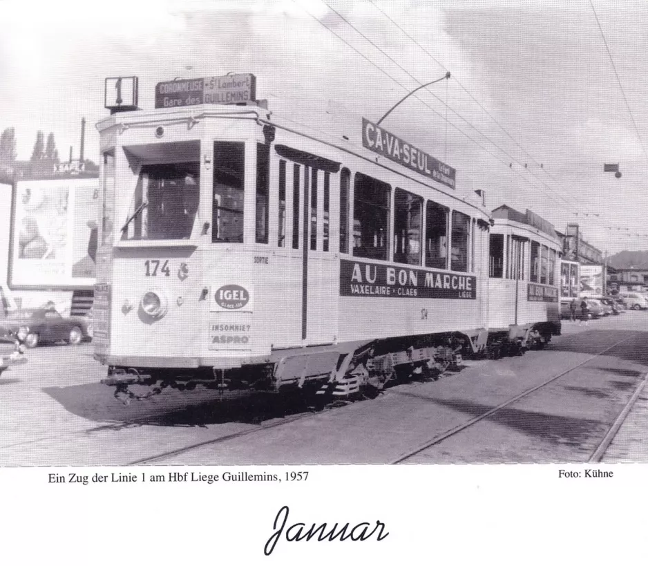 Kalender: Lüttich Straßenbahnlinie 1 mit Triebwagen 174 am Gare des Guillemins (1957)