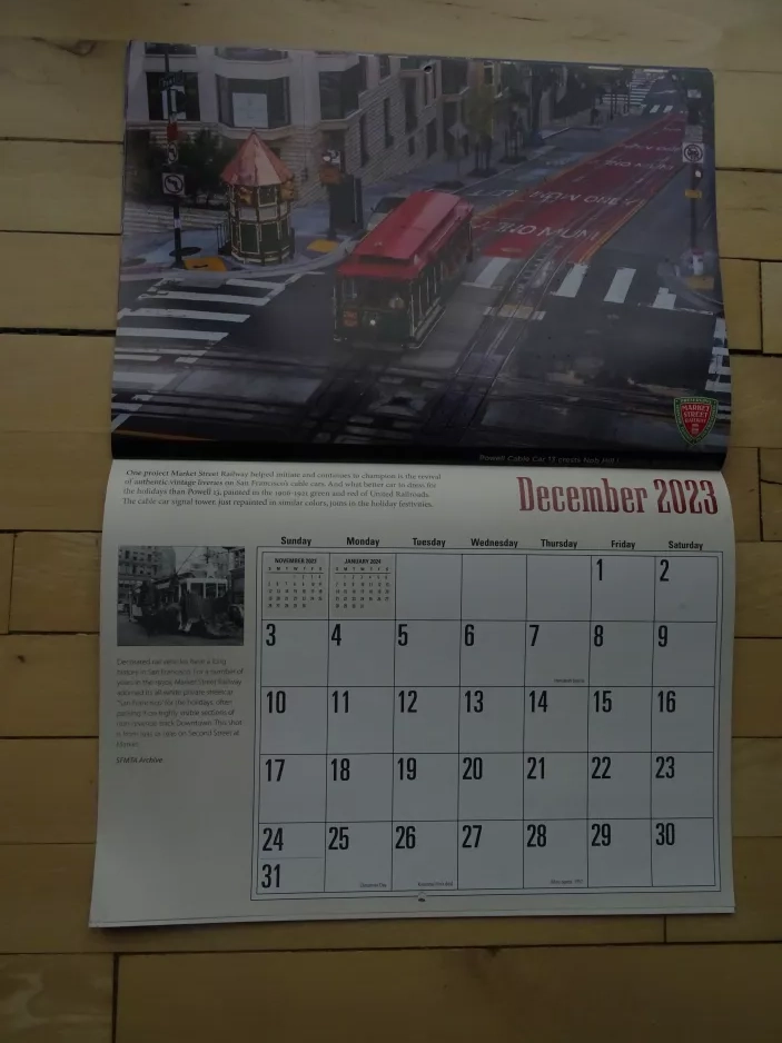 Kalender: San Francisco Kabelstraßenbahn Powell-Hyde mit Kabelstraßenbahn 13 in der Kreuzung California Street/Powell Street (2023)