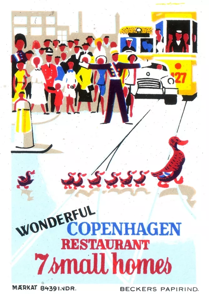 Karton Etikett: Kopenhagen Wonderful Copenhagen. Restaurant 7 small homes (1957)