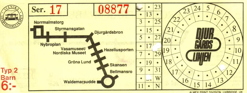 Kinderkarte für Djurgårdslinjen 7N, die Vorderseite (1992)