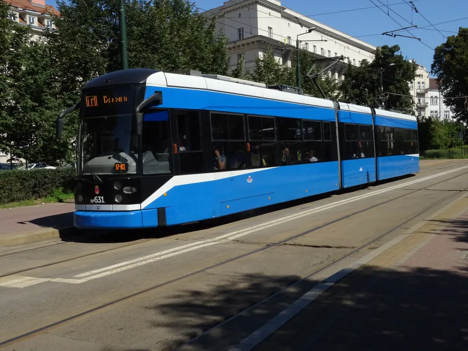 Krakau Straßenbahnlinie 17 mit Niederflurgelenkwagen RP631 am Starowiślna (2024)