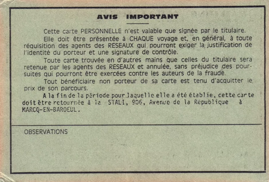 Mitarbeiter-Freikarte für ilevia, die Rückseite (1981)