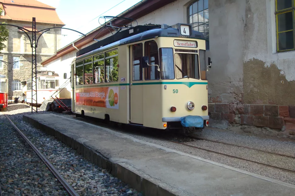 Naumburg (Saale) Triebwagen 50 am Depot Naumburger Straßenbahn (Heinrich-von-Stephan-Platz) (2014)
