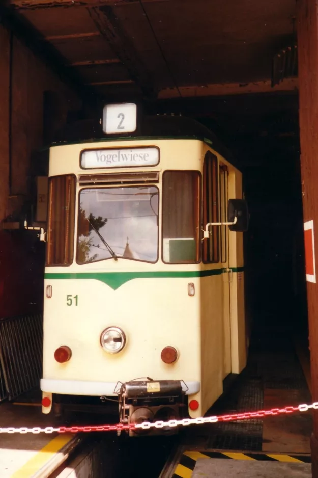 Naumburg (Saale) Triebwagen 51 im Depot Naumburger Straßenbahn (Heinrich-von-Stephan-Platz) (2001)