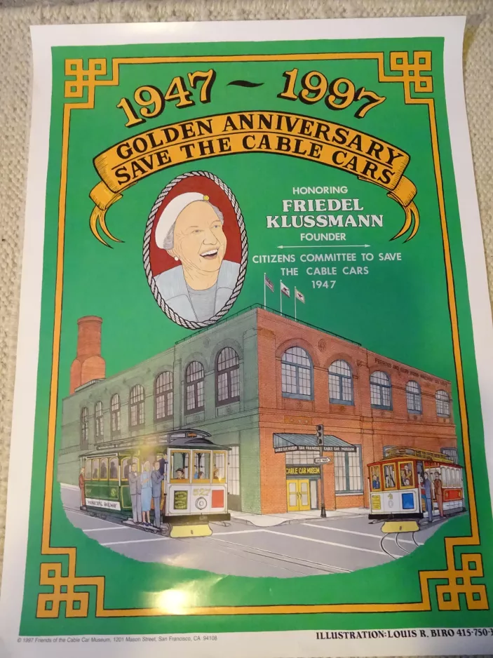 Plakat: San Francisco Kabelstraßenbahn Powell-Mason mit Kabelstraßenbahn 527 vor Cable Car Museum (1997)