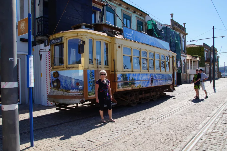 Porto Straßenbahnlinie 1 mit Triebwagen 216 am Passeio Alegre (2016)
