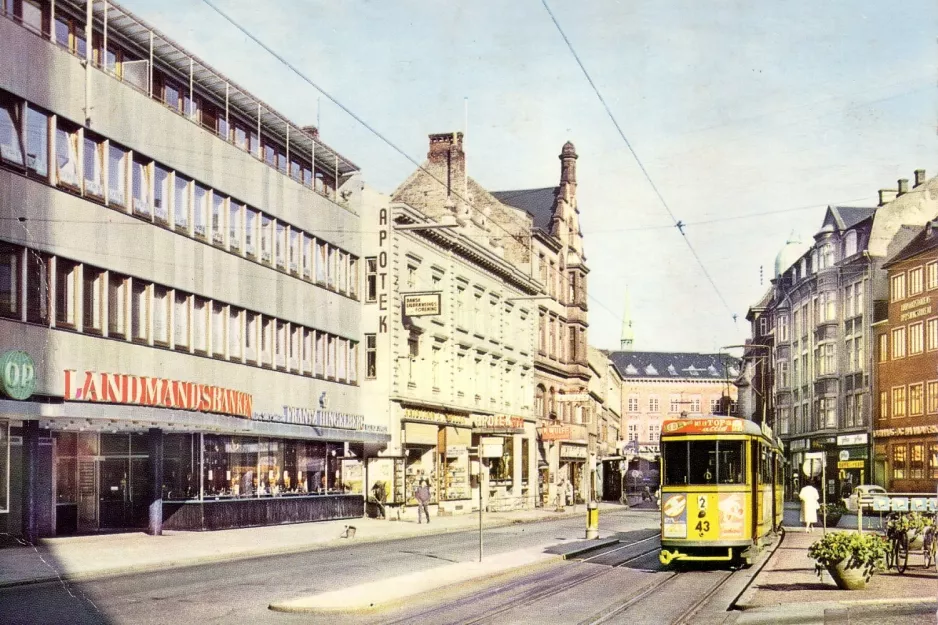 Postkarte: Aarhus Straßenbahnlinie 2 mit Beiwagen 43 am Store torv (1968-1971)