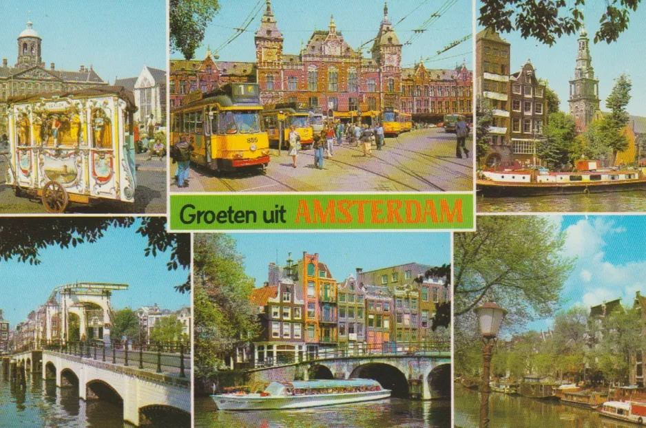 Postkarte: Amsterdam Straßenbahnlinie 1 mit Gelenkwagen 855 am Bahnhof Centraal (1969)