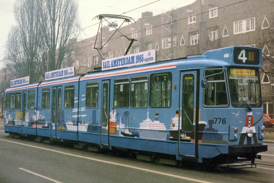 Postkarte: Amsterdam Straßenbahnlinie 4 mit Gelenkwagen 776 auf Rooseveltlaan (1985)