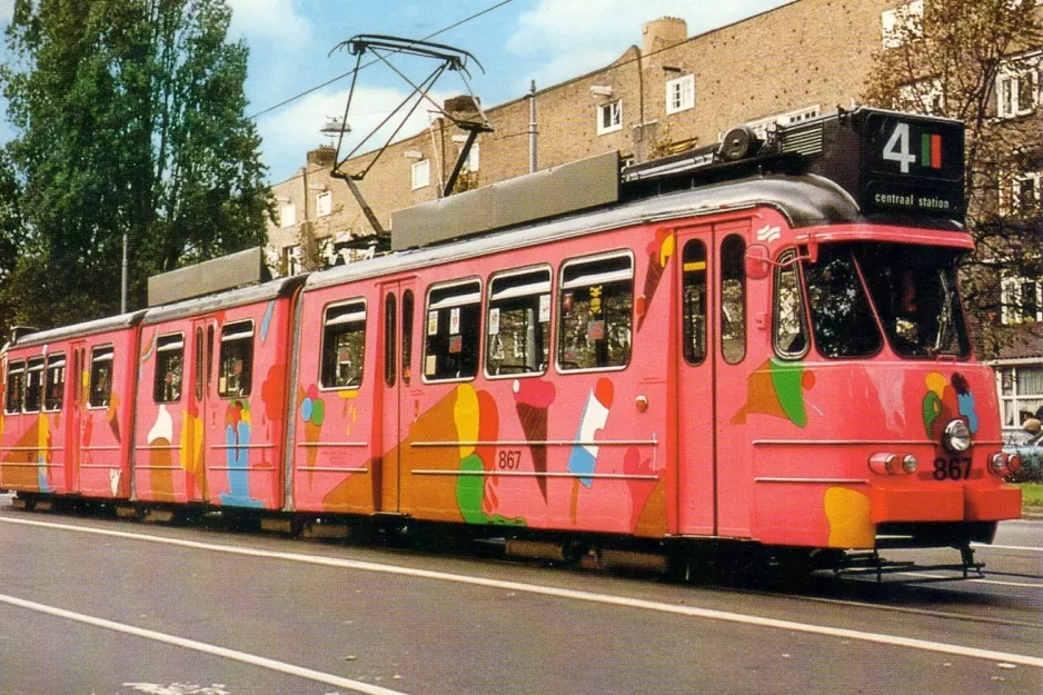 Postkarte: Amsterdam Straßenbahnlinie 4 mit Gelenkwagen 867 auf Rooseveltlaan (1984)