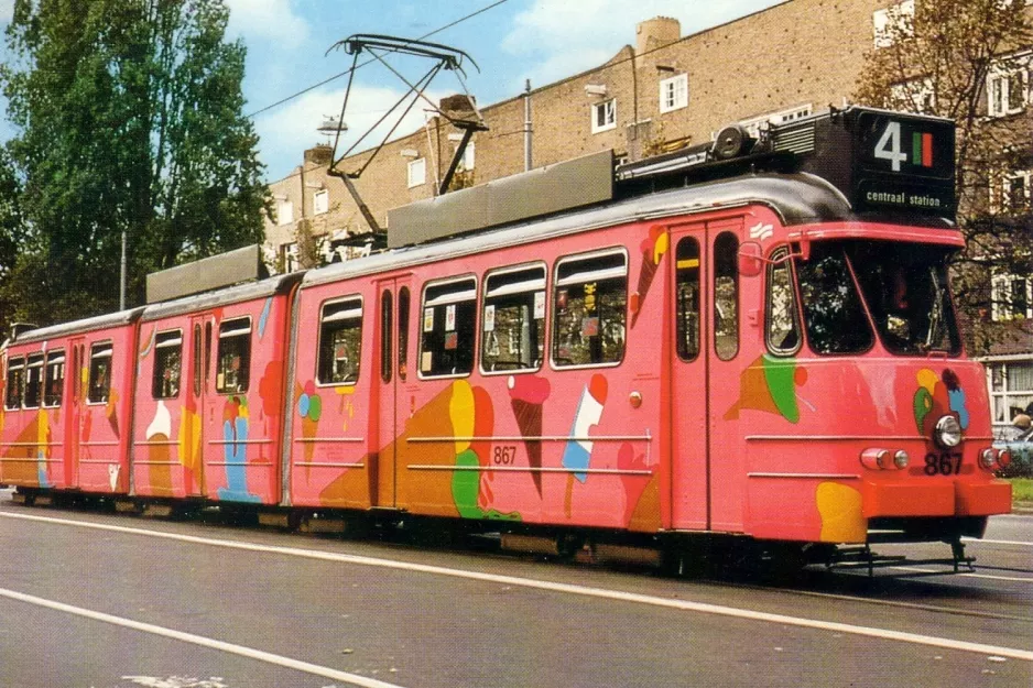 Postkarte: Amsterdam Straßenbahnlinie 4 mit Gelenkwagen 867nah Waalstraat (1984)