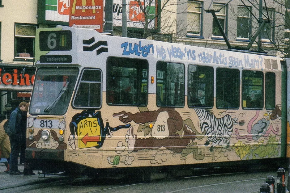 Postkarte: Amsterdam Zusätzliche Linie 6 mit Gelenkwagen 813 auf Leidseplein (1984)