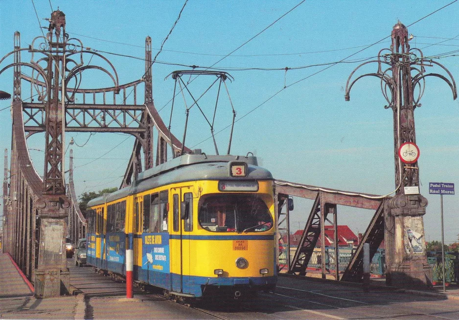 Postkarte: Arad Straßenbahnlinie 3 mit Gelenkwagen 0107 auf Podul Tralian (2007)