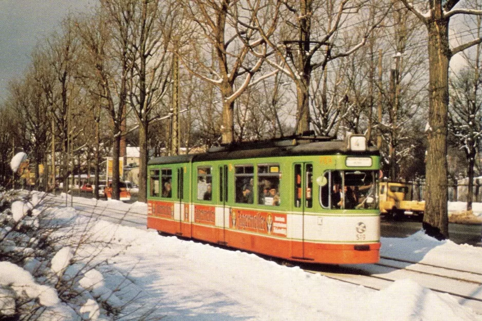 Postkarte: Augsburg Straßenbahnlinie 4 mit Gelenkwagen 519nah Klinkertor (1969)