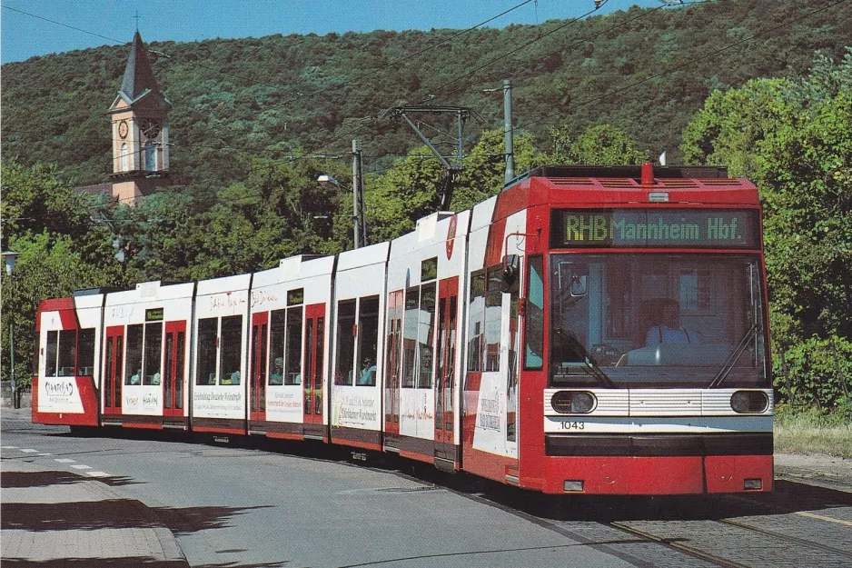 Postkarte: Bad Dürkheim Rhein-Haardtbahn 4 mit Niederflurgelenkwagen 1043nah Bad Dürkheim Bf (1996)