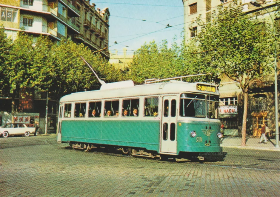 Postkarte: Barcelona Straßenbahnlinie 62 mit Triebwagen 513 auf Passeig de Sant Joan (1964)