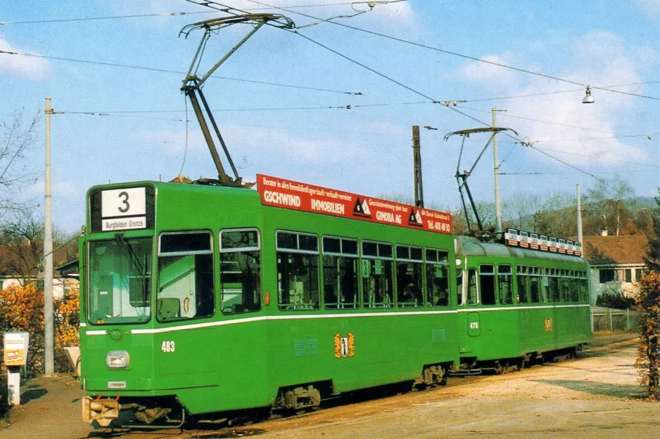 Postkarte: Basel Straßenbahnlinie 3 mit Triebwagen 483 am Birsfelden Hard (1990)