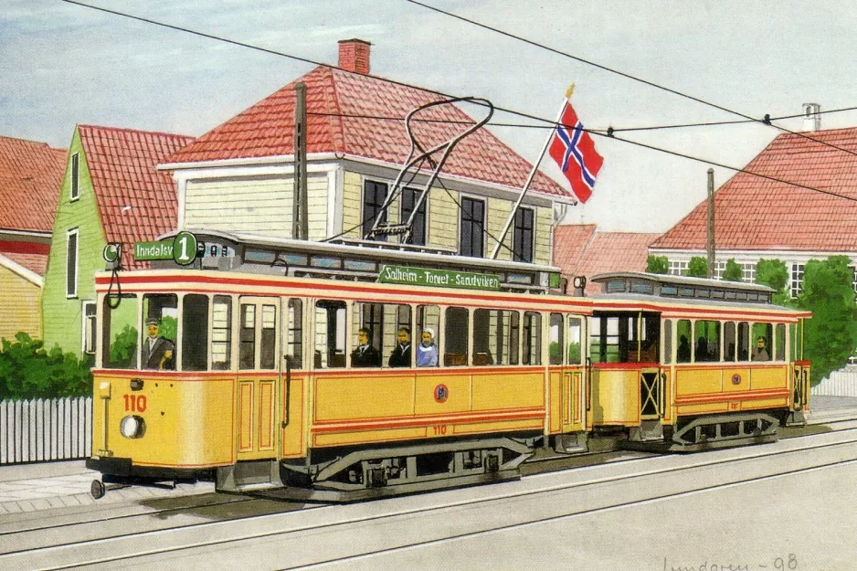 Postkarte: Bergen Straßenbahnlinie 1 mit Triebwagen 110 auf Sandviksveien (1925)