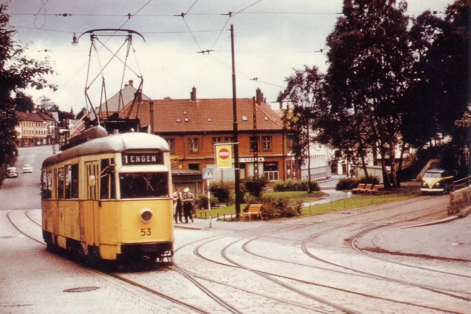 Postkarte: Bergen Straßenbahnlinie 1 mit Triebwagen 53 am Minde (1962)