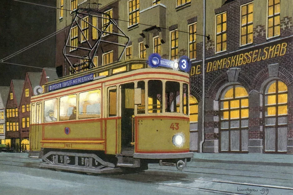 Postkarte: Bergen Straßenbahnlinie 3 mit Triebwagen 43 auf Bryggen (1947)