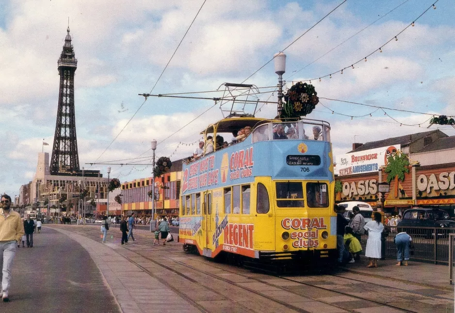Postkarte: Blackpool Straßenbahnlinie T mit Museumswagen 706 auf Promenade (1989)