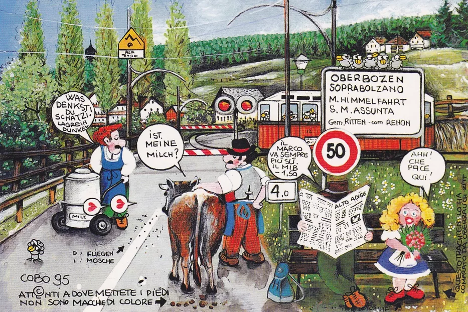 Postkarte: Bozen Regionallinie 160 mit Triebwagen 12 im Oberbozen/Soprabolzano (1995)
