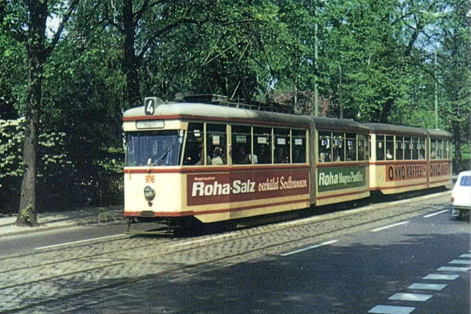 Postkarte: Bremen Straßenbahnlinie 4 mit Gelenkwagen 916nah Focke-Museum (1964)