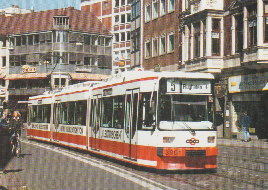 Postkarte: Bremen Zusätzliche Linie 5 mit Niederflurgelenkwagen 3801 "Bremen" auf Schüsselkorb (1990)