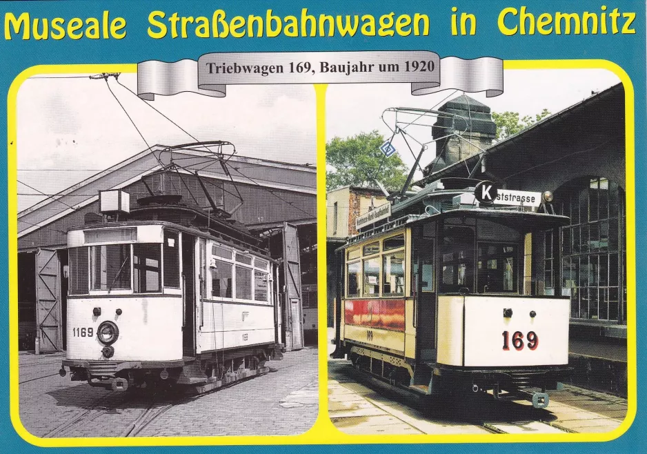 Postkarte: Chemnitz Fahrschulwagen 1169 auf dem Eingangsplatz Straßenbahnmuseum Chemnitz (1988)