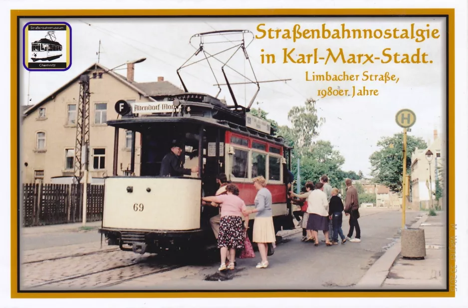 Postkarte: Chemnitz Museumswagen 69 auf Limbacher Straße (1980-1989)