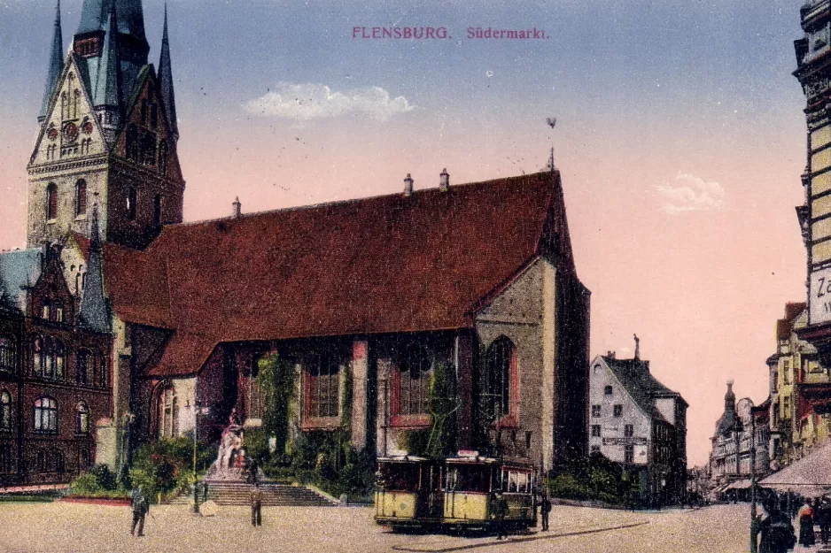 Postkarte: Flensburg Straßenbahnlinie 1 mit Triebwagen 8 am Südermarkt (1907)