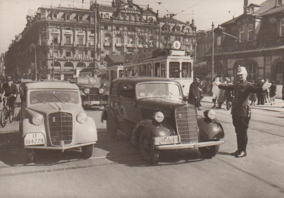 Postkarte: Frankfurt am Main Straßenbahnlinie 8 am Hauptwache (1938)
