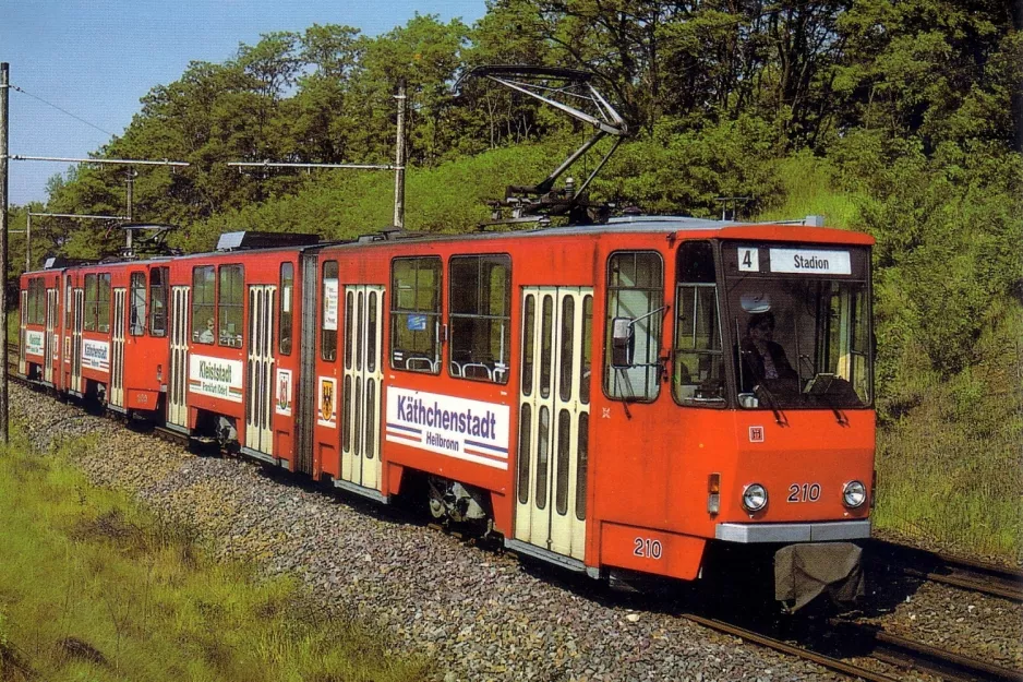 Postkarte: Frankfurt (Oder) Straßenbahnlinie 4 mit Gelenkwagen 210 nahe bei Markendorf (1991)