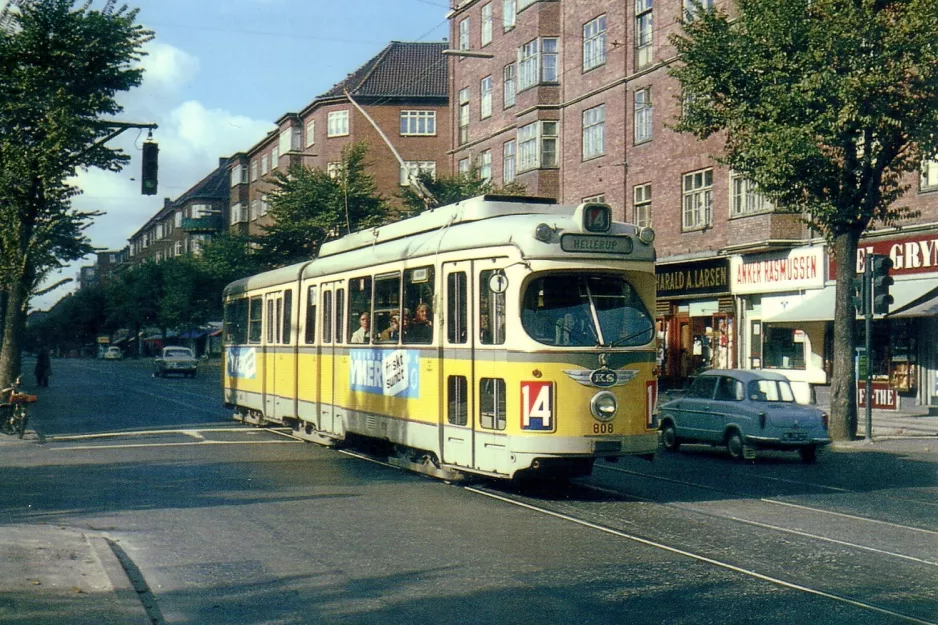 Postkarte: Frederiksberg Straßenbahnlinie 14 mit Gelenkwagen 808 auf Dalgas Blvd (1965)