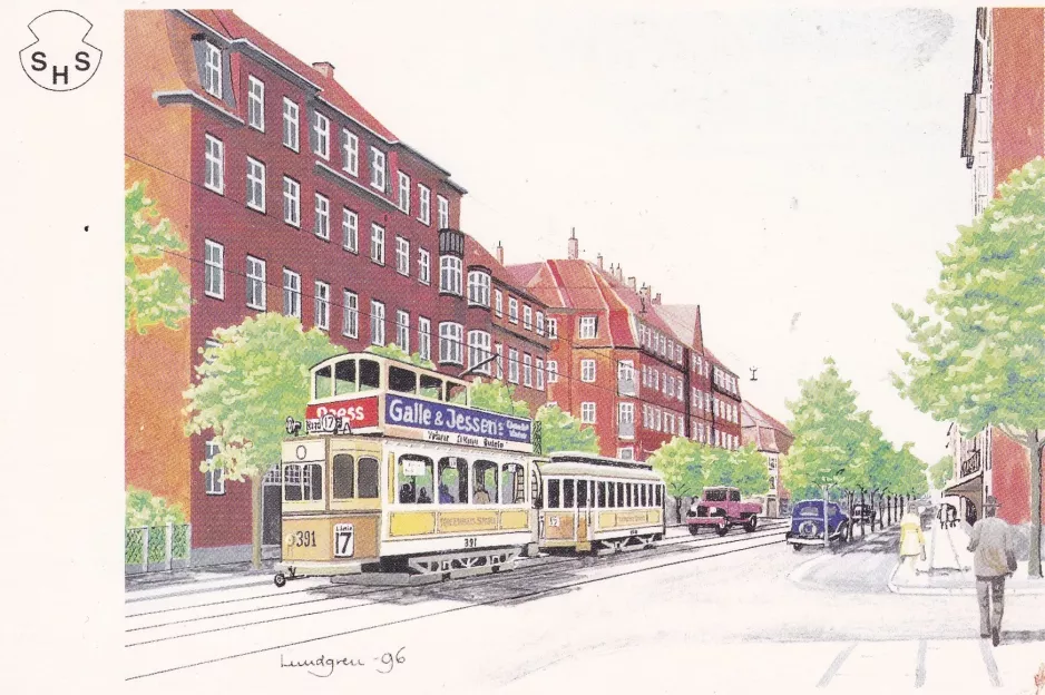 Postkarte: Frederiksberg Straßenbahnlinie 17 mit Doppelstocktriebwagen 391nah Folkets Allé (1920-1929)