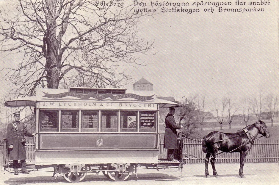 Postkarte: Göteborg Pferdebahnlinie mit Pferdestraßenbahnwagen auf Södra Allégatan (1879)